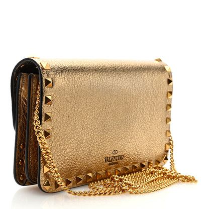 Valentino Garavani Pebbled Calfskin Rockstud Flap Wallet On Chain Soft Gold 3 of 9