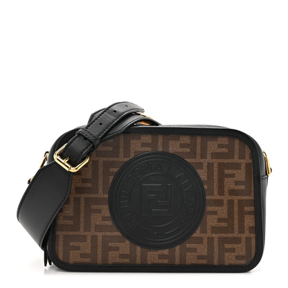 Fendi Glazed Fabric Vitello Century F is Fendi FF 1974 Stamp Patch Camera Case Mogano Panna Black 1 of 11