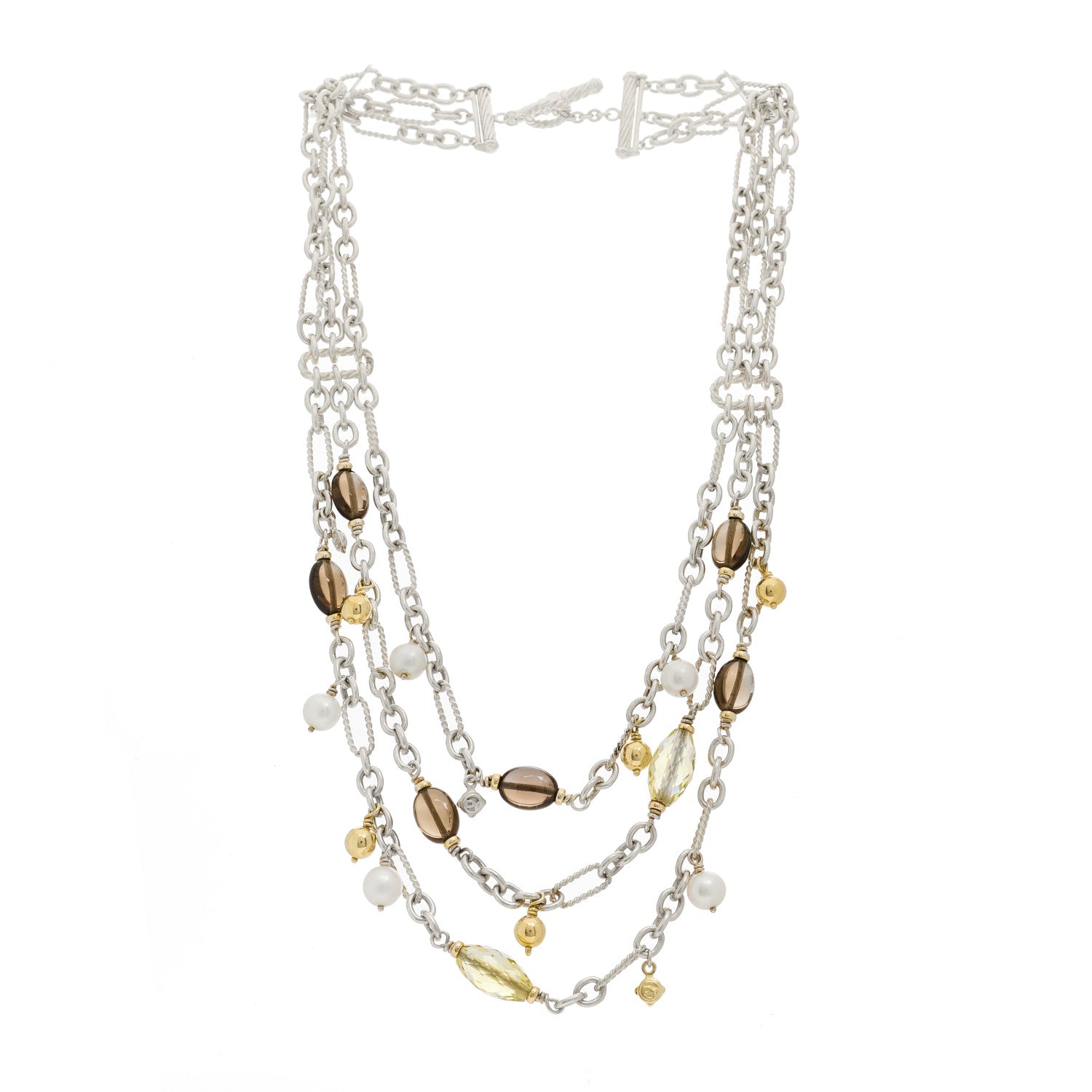 David Yurman Sterling Silver 18K Yellow Gold Cultured Pearl Citrine Smoky Quartz Multi Strand Necklace 3 of 5