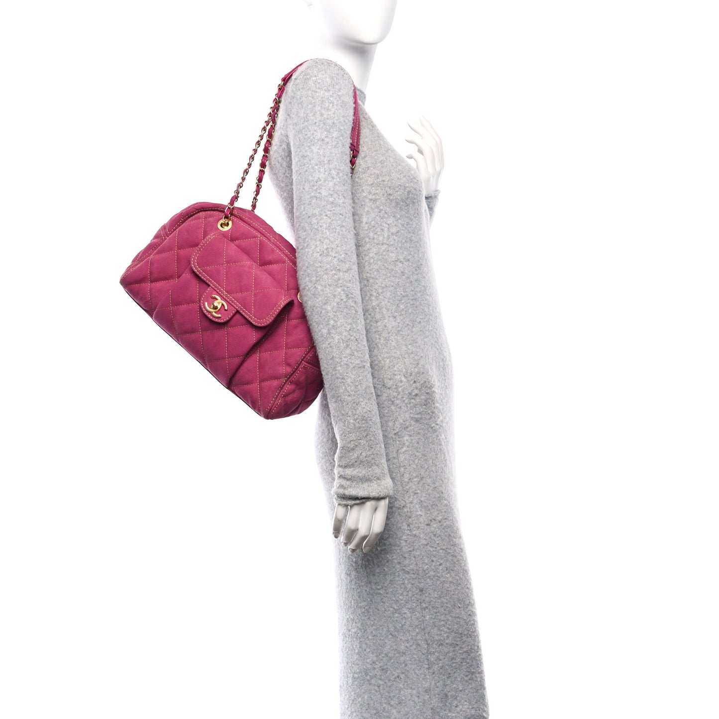 Washed Denim Quilted Bowling Bag Fuchsia