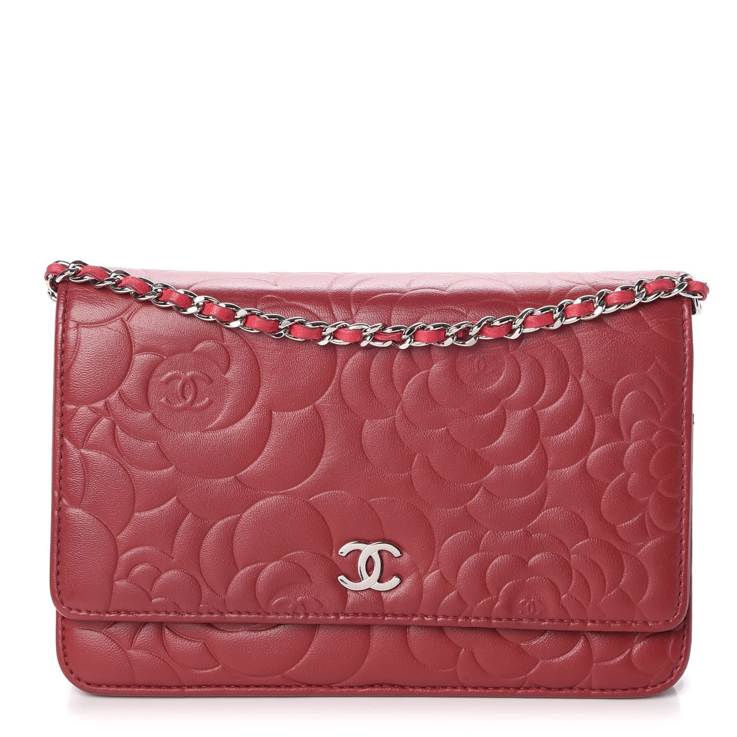 Chanel Lambskin Camellia Embossed Wallet On Chain WOC Red 1 of 14