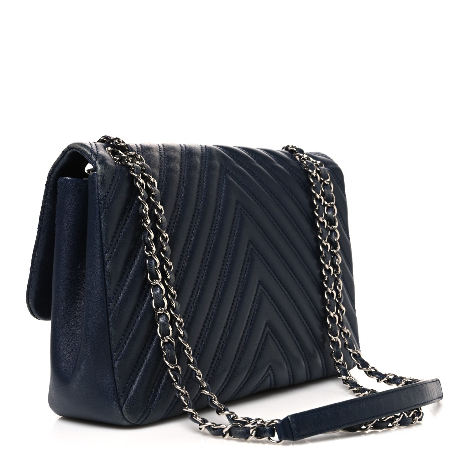 Chanel Lambskin Chevron Quilted Double Stitch Jumbo Single Flap Navy 3 of 10