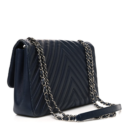 Chanel Lambskin Chevron Quilted Double Stitch Jumbo Single Flap Navy 3 of 10