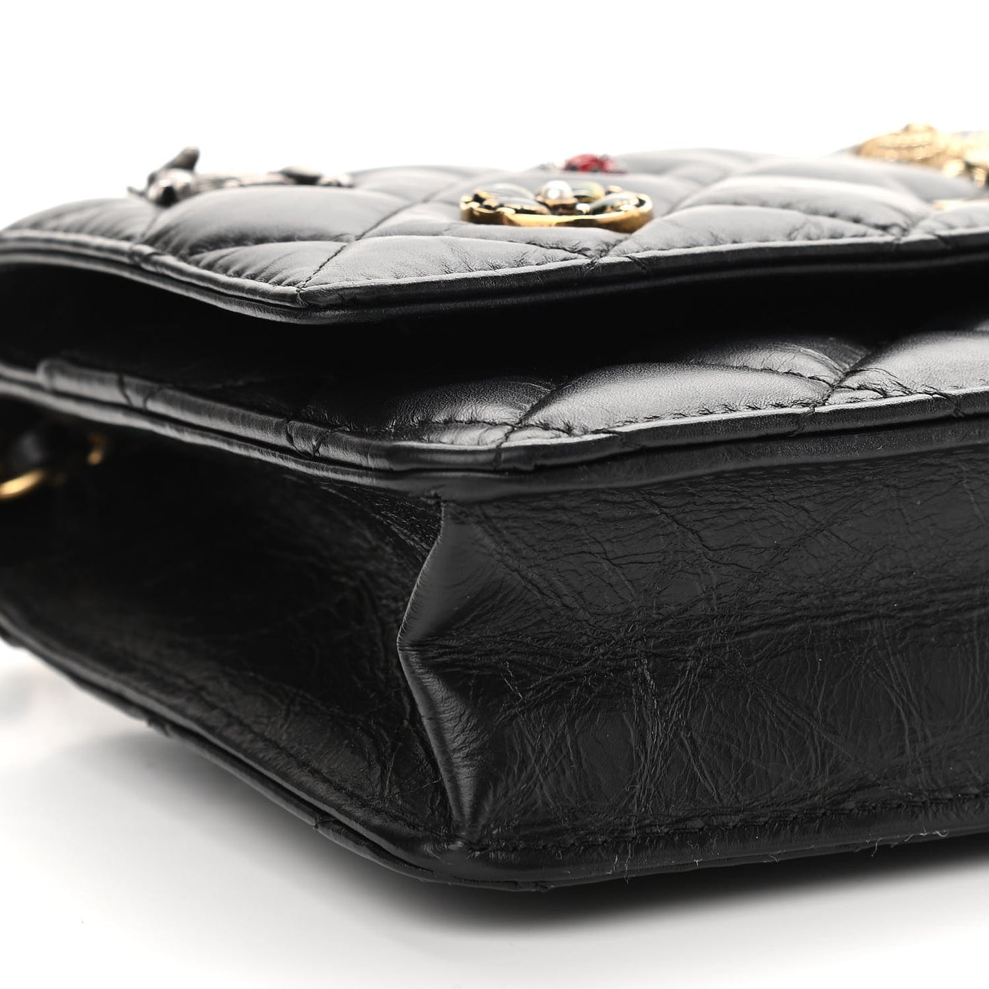 Aged Calfskin Quilted Lucky Charms 2.55 Reissue Wallet On Chain WOC Black