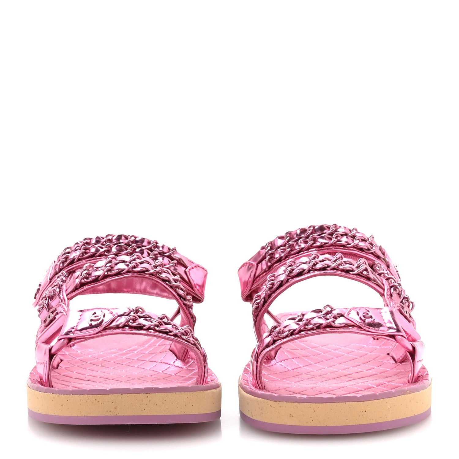 Chanel Metallic Laminated Goatskin Chain Flat Sandals 37.5 Pink 3 of 8