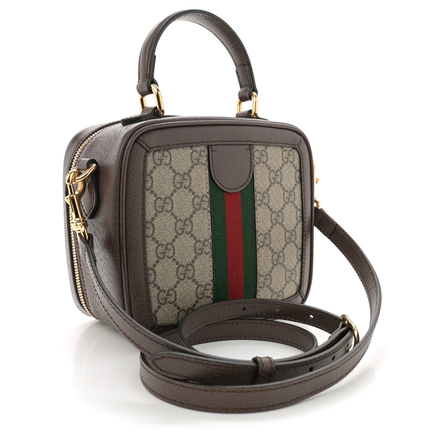 GG Supreme Monogram Textured Dollar Calfskin Mini Ophidia Top Handle Square Shoulder Bag Beige Ebony New Acero