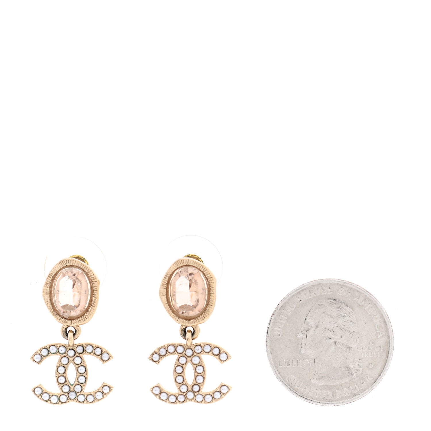 Chanel Crystal Pearl CC Drop Earrings Gold Pink 2 of 6