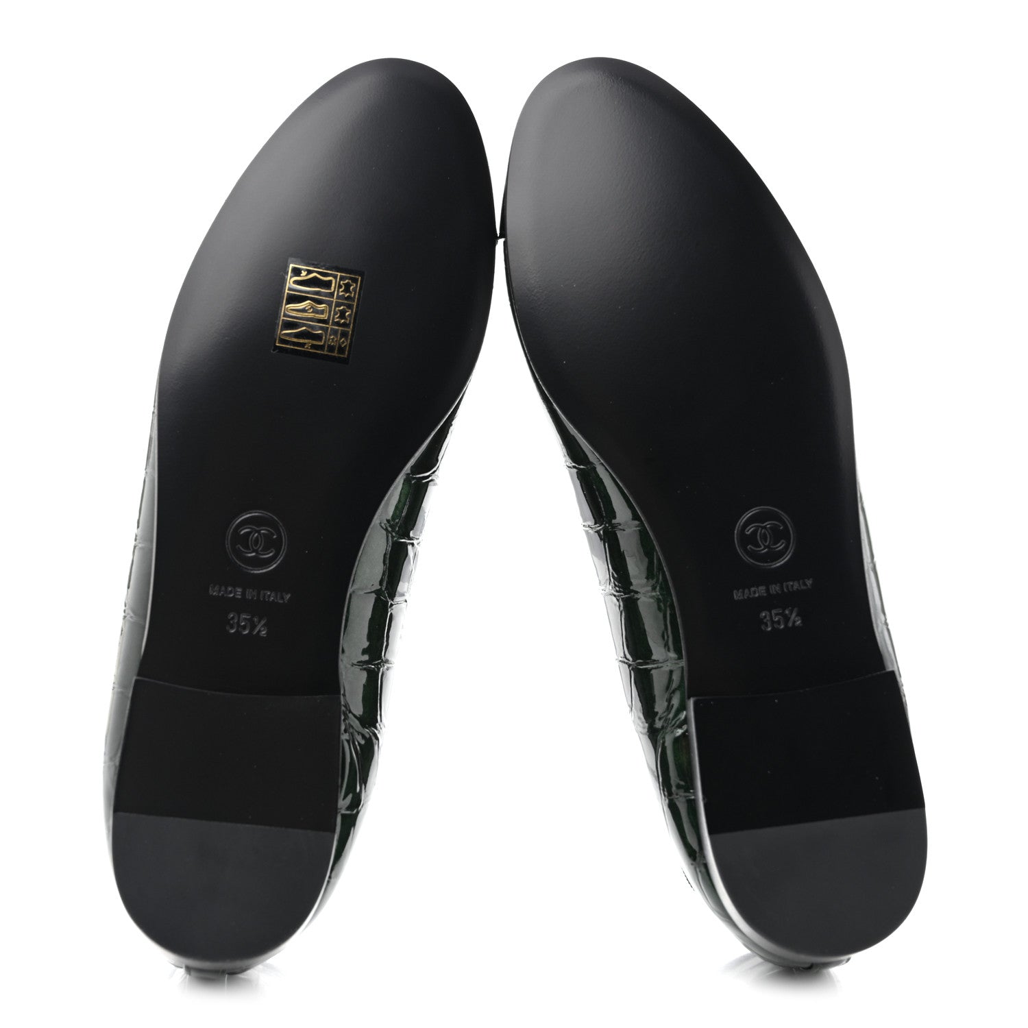 Chanel Crocodile Embossed Patent Calfskin Cap Toe CC Ballerina Flats 35.5 Dark Green Black 8 of 11