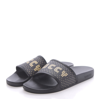 Gucci X SEGA Supreme Canvas GUCCY Stars Womens Slide Sandals 42 Black Gold 3 of 11