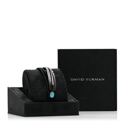 David Yurman Sterling Silver Leather Turquoise Southwest Feather Triple Wrap Bracelet 4 of 4