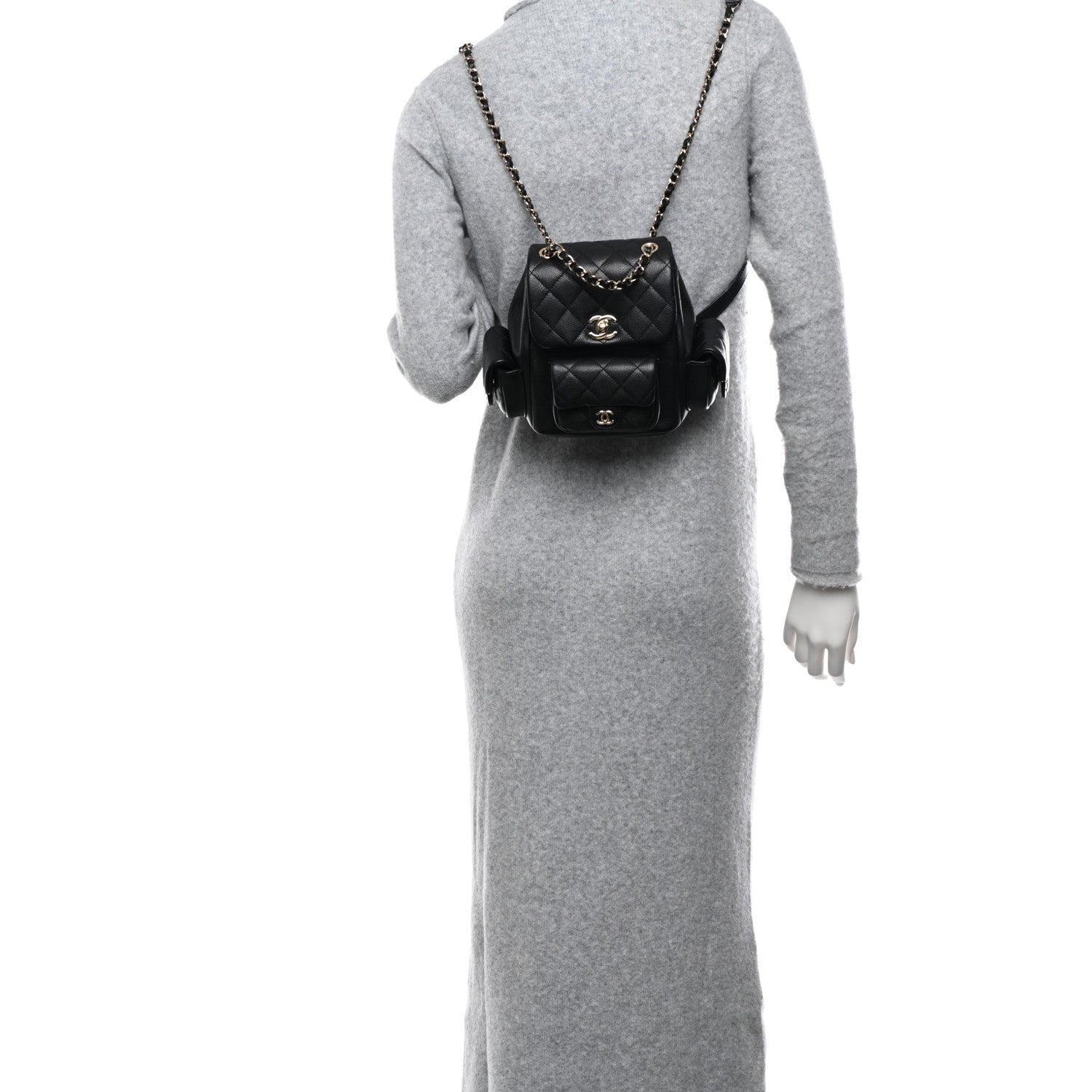 Chanel Shiny Caviar Quilted Small Pockets Drawstring Backpack Black 3 of 10