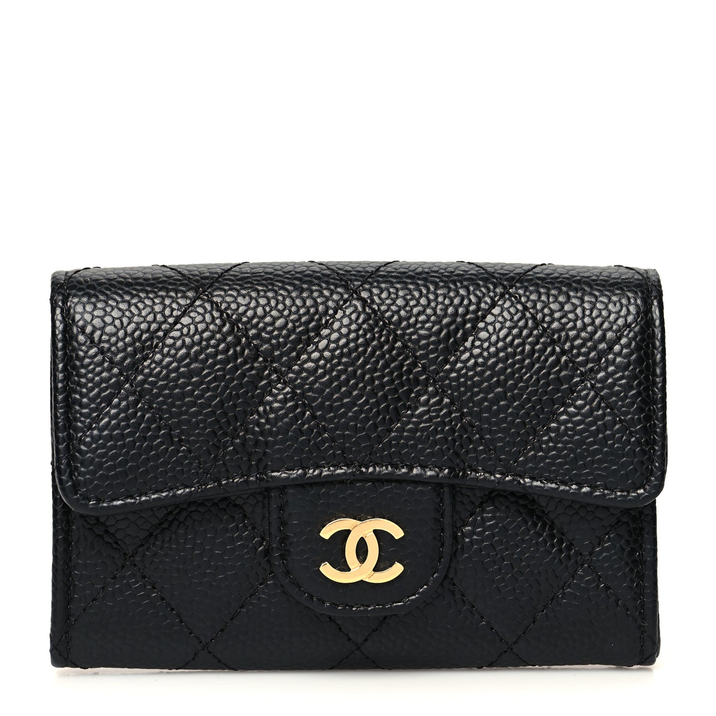 Caviar Quilted Flap Card Holder Wallet Black