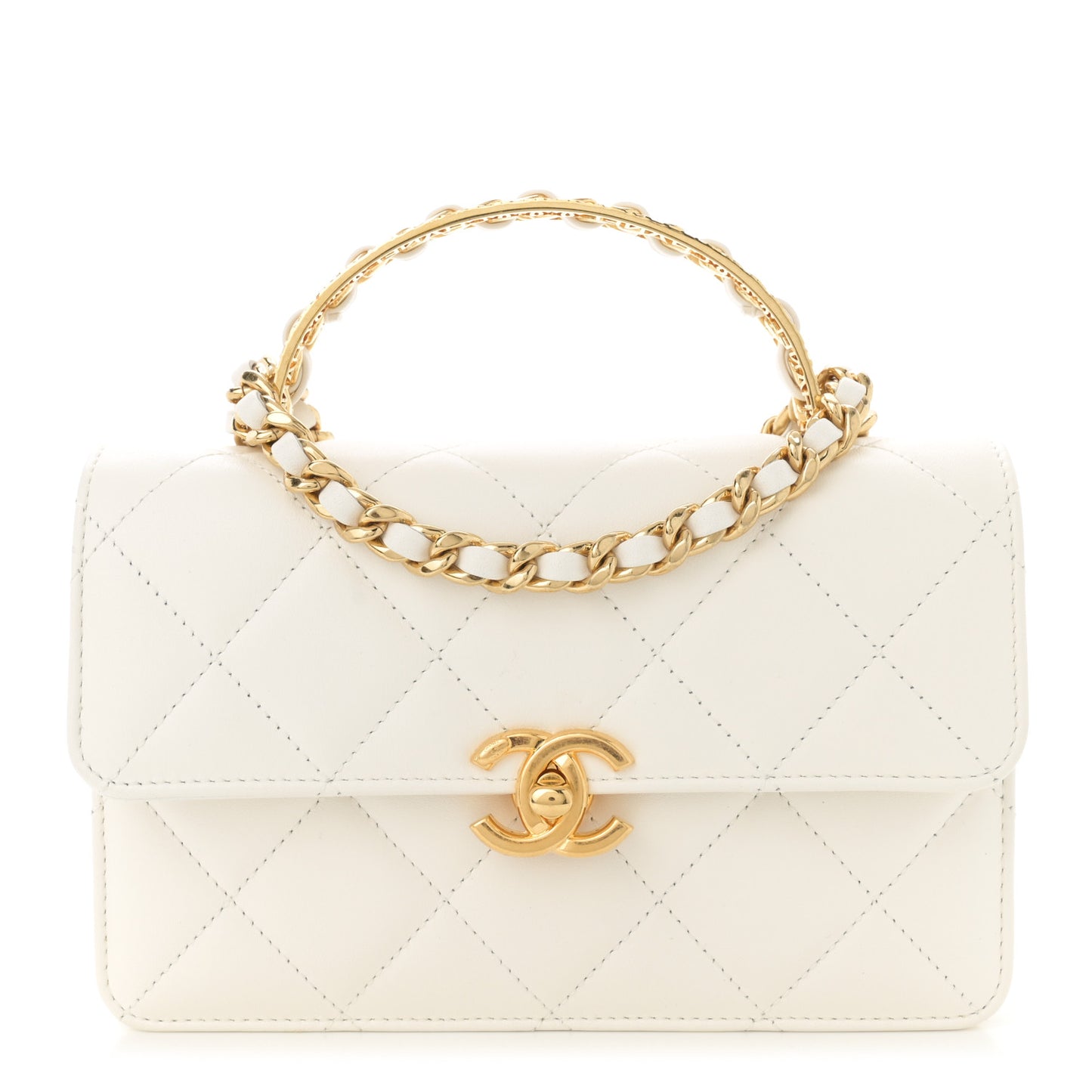 Shiny Calfskin Quilted Small Metal Top Handle Flap White