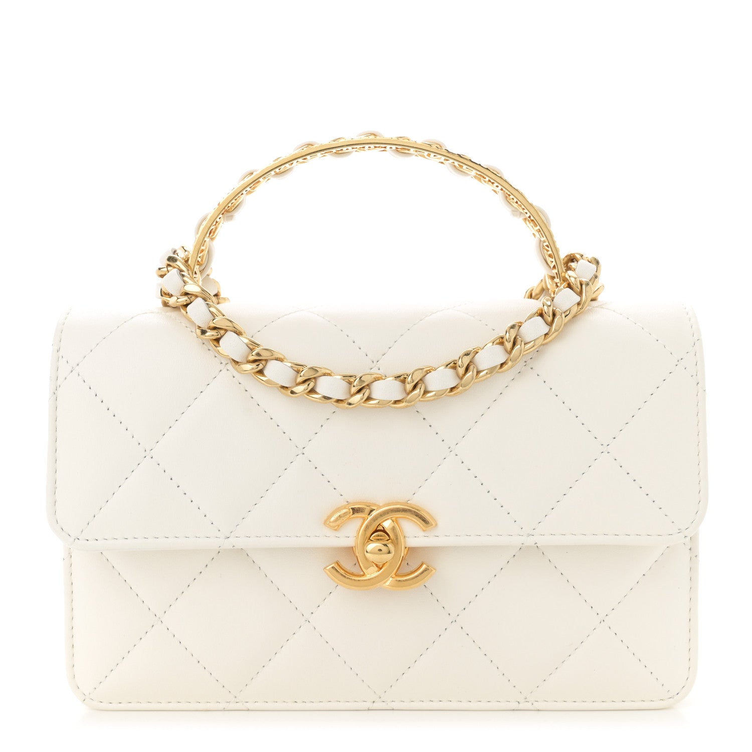 Chanel Shiny Calfskin Quilted Small Metal Top Handle Flap White 1 of 11