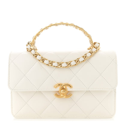 Chanel Shiny Calfskin Quilted Small Metal Top Handle Flap White 1 of 11