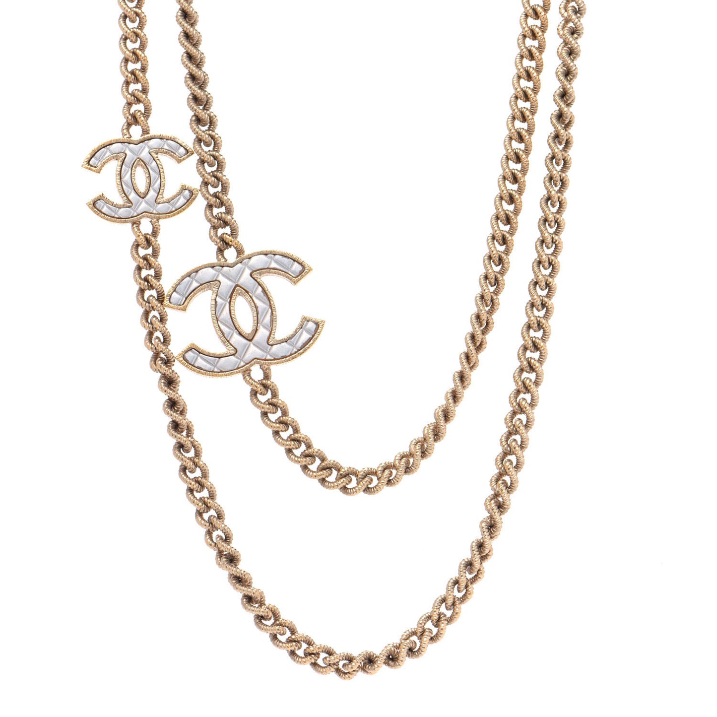 Quilted CC Long Chain Necklace Gold Pearly White