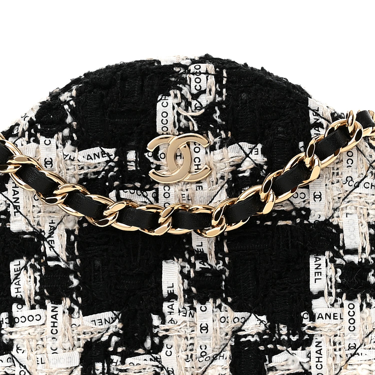 Chanel Tweed Quilted Round Clutch With Chain Black Ecru White 8 of 10