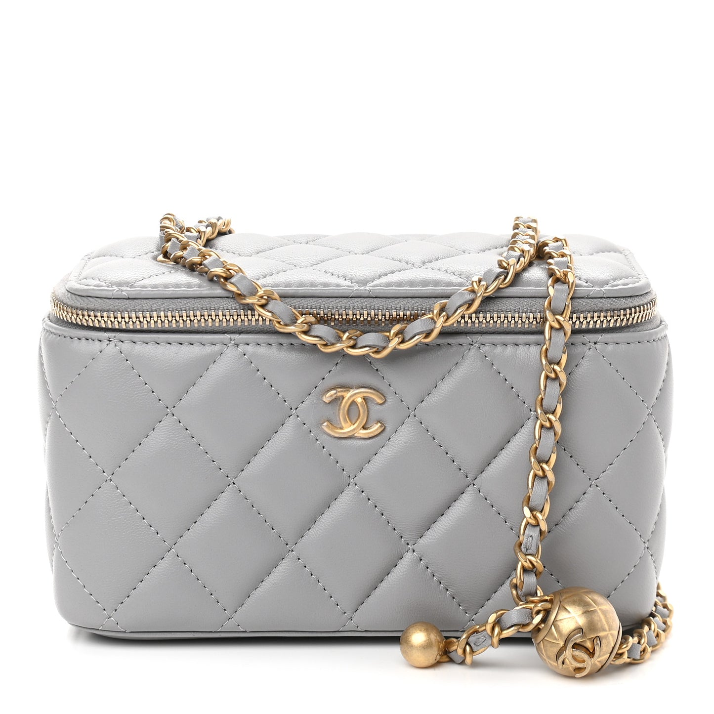Lambskin Quilted Small Pearl Crush Vanity Case With Chain Grey
