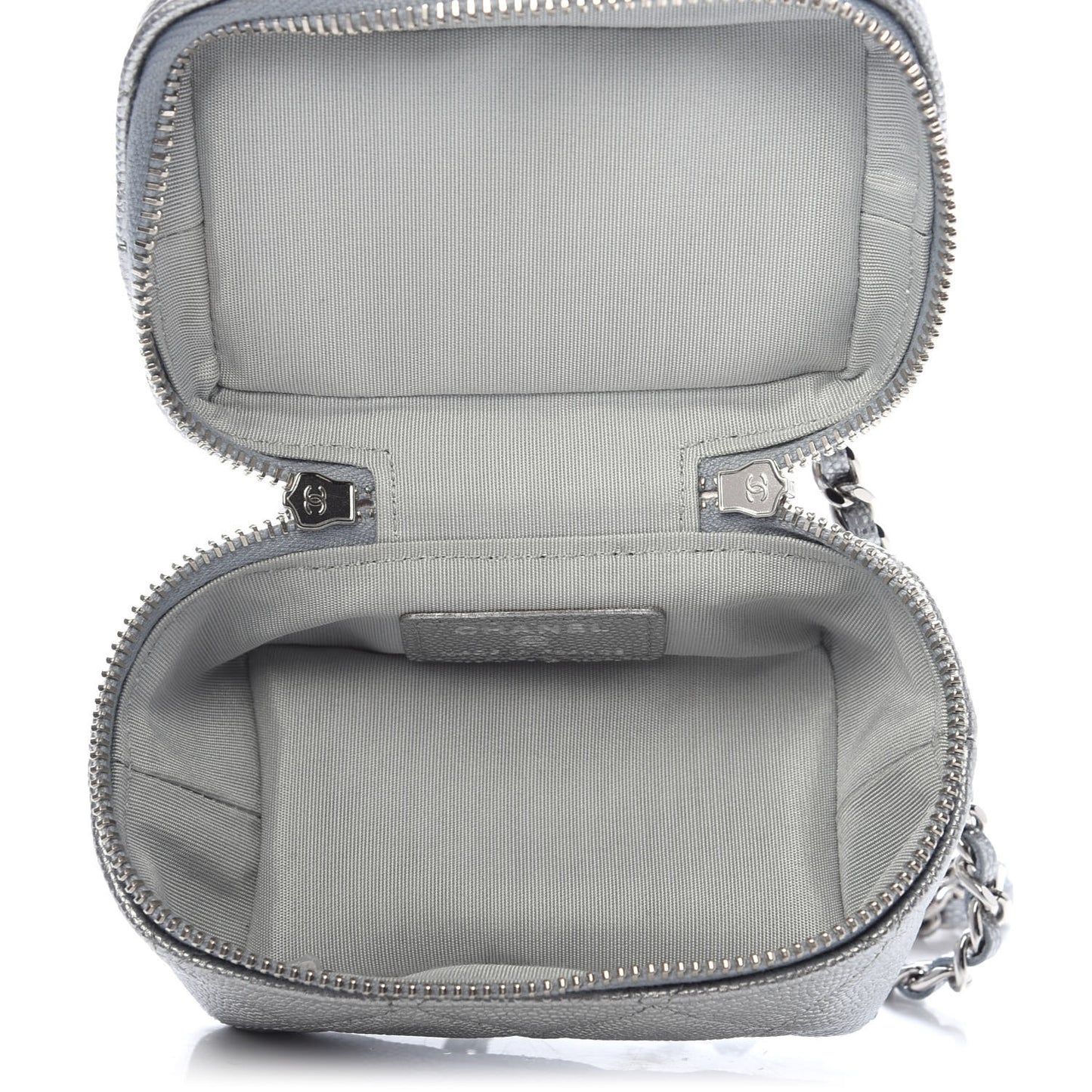 Metallic Caviar Quilted Mini Top Handle Vanity With Chain Silver