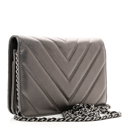 Chanel Metallic Lambskin Chevron Quilted Wallet On Chain WOC Grey 3 of 13