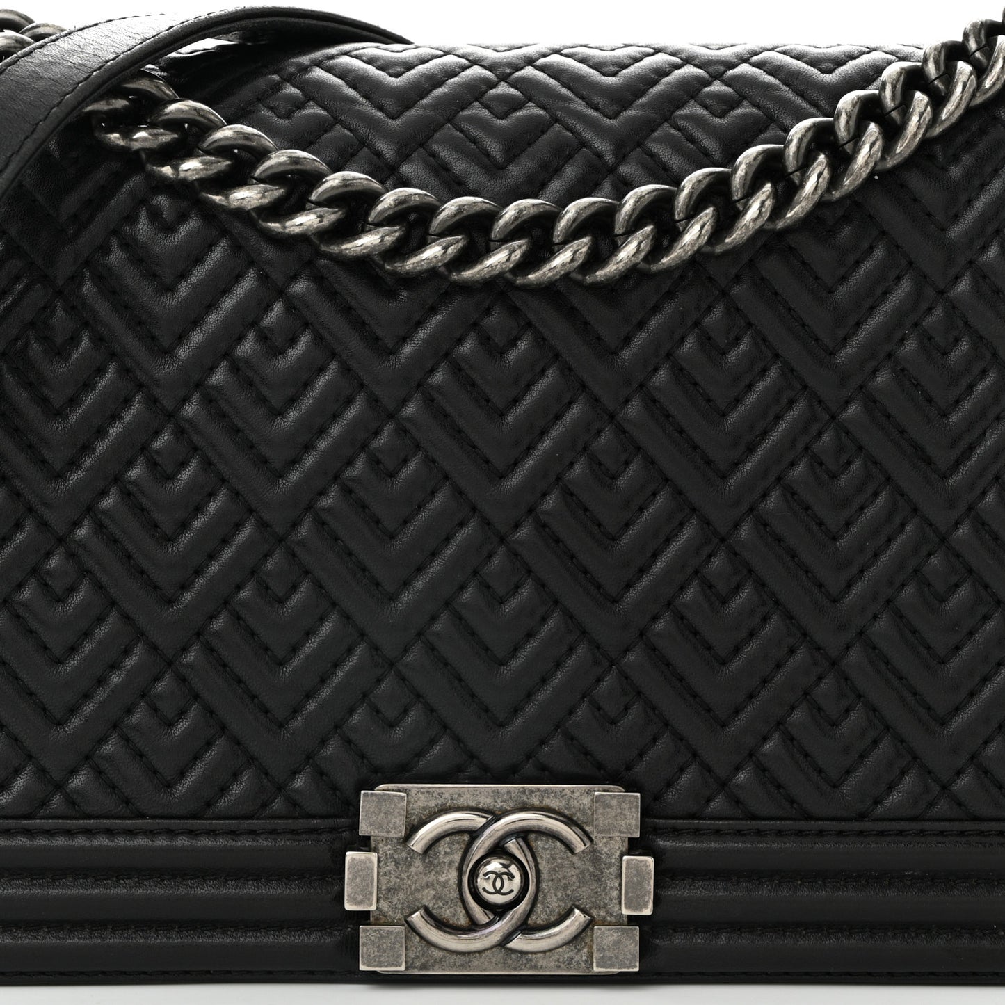 Lambskin Geometric Chevron Quilted New Medium Boy Flap Black