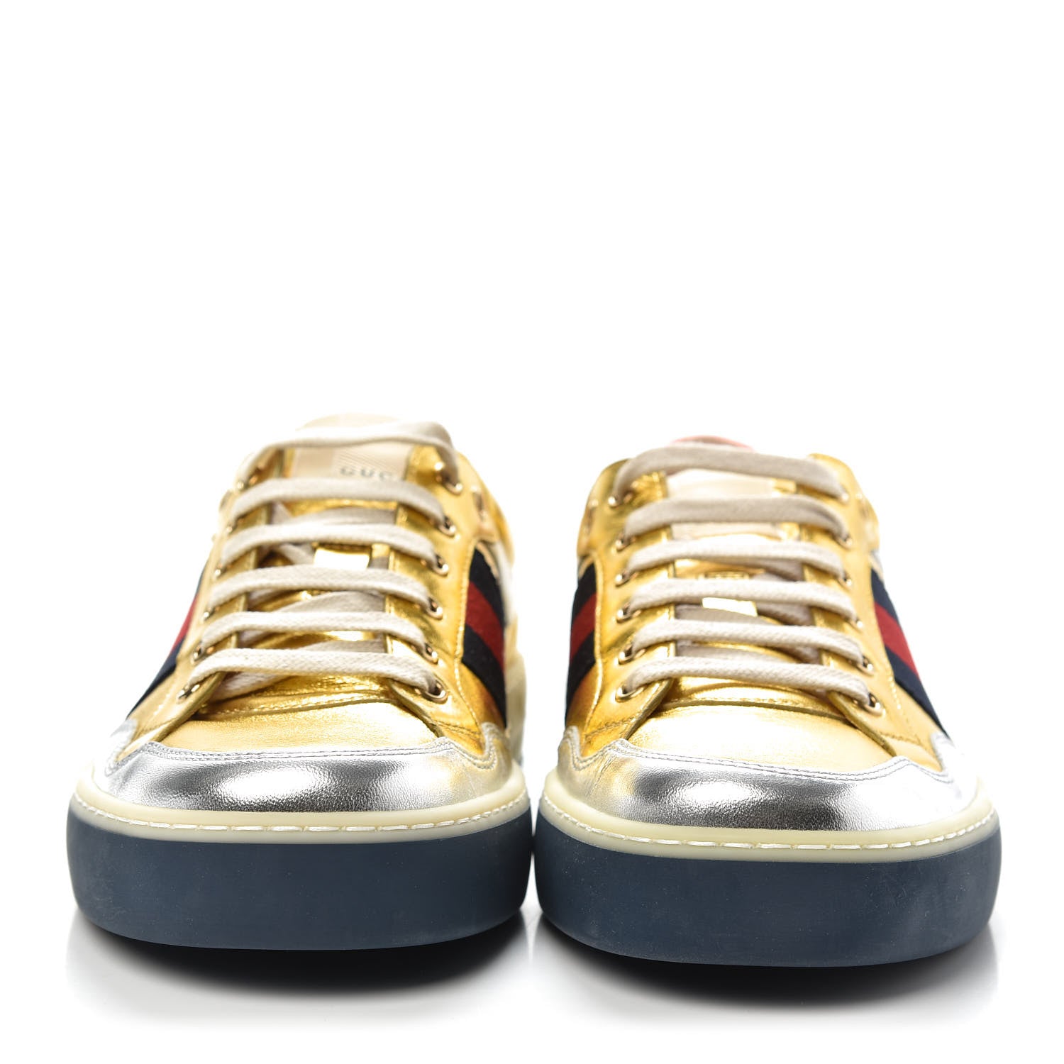Gucci Metallic Nappa Web Mens Low Top Sneakers 7 Argento Oro Vecchio 2 of 9