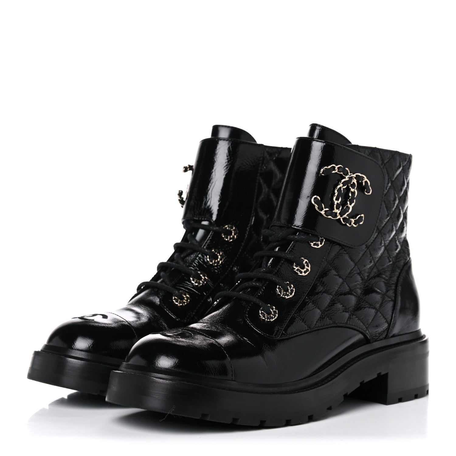 Chanel Shiny Calfskin Quilted Lace Up Combat Boots 40 Black 3 of 10