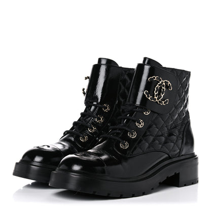 Chanel Shiny Calfskin Quilted Lace Up Combat Boots 40 Black 3 of 10