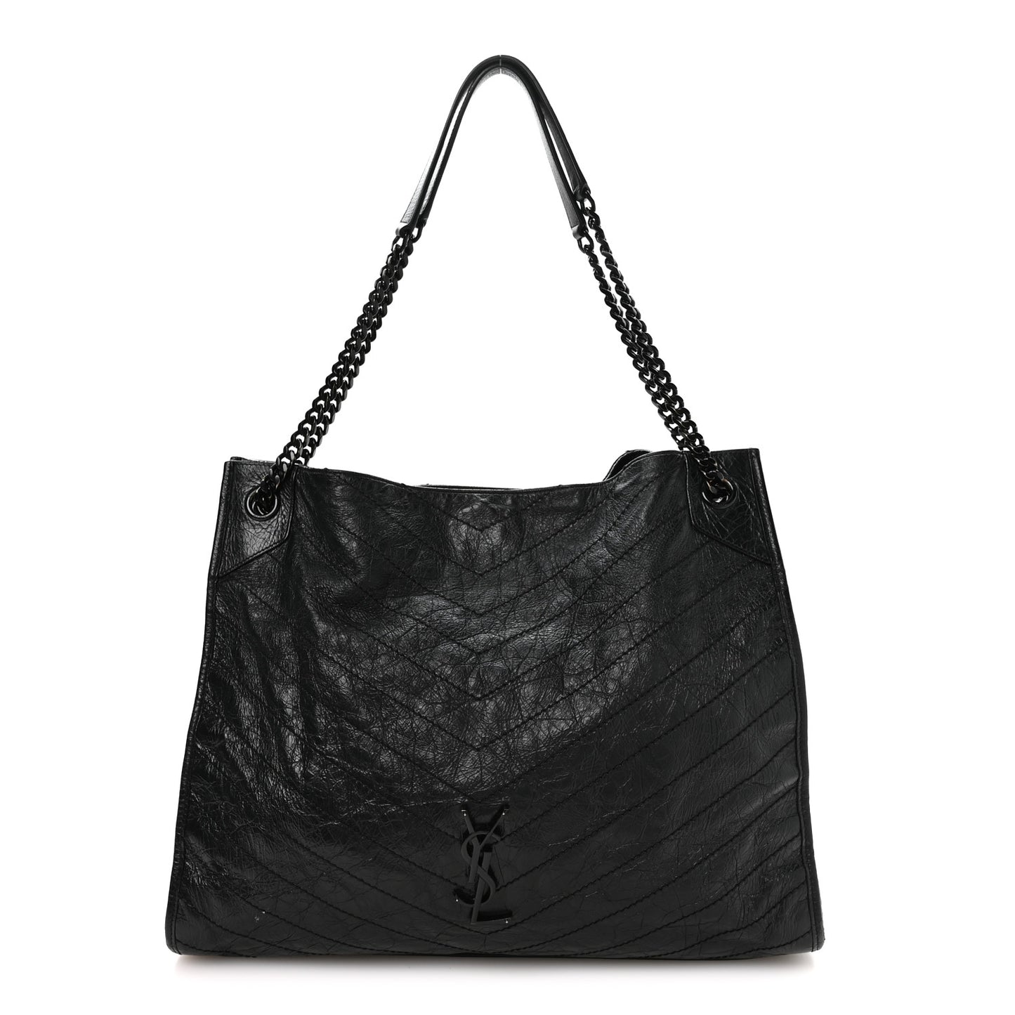 Crinkled Calfskin Matelasse Monogram Large Niki Shopper Tote Black