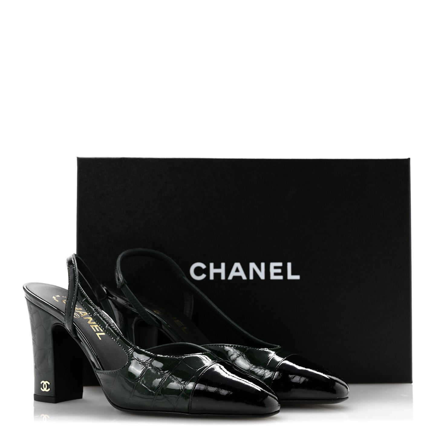 Patent Calfskin Crocodile Embossed Cap Toe CC Slingback Pumps 37 Dark Green Black