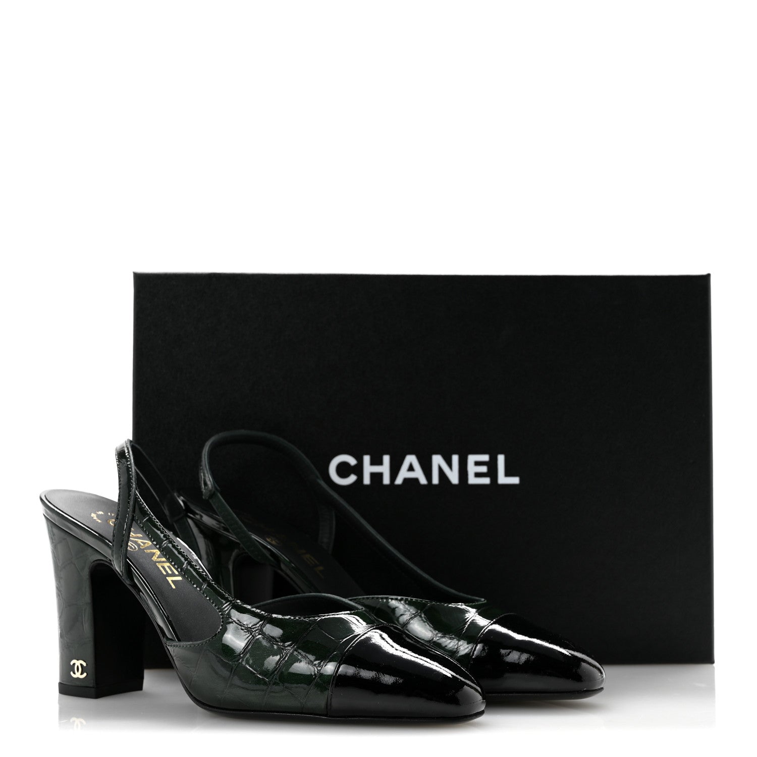 Chanel Patent Calfskin Crocodile Embossed Cap Toe CC Slingback Pumps 37 Dark Green Black 10 of 10