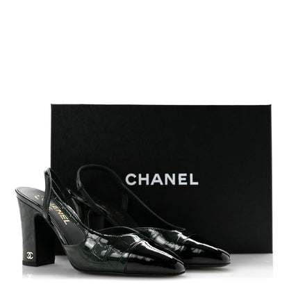 Chanel Patent Calfskin Crocodile Embossed Cap Toe CC Slingback Pumps 37 Dark Green Black 10 of 10