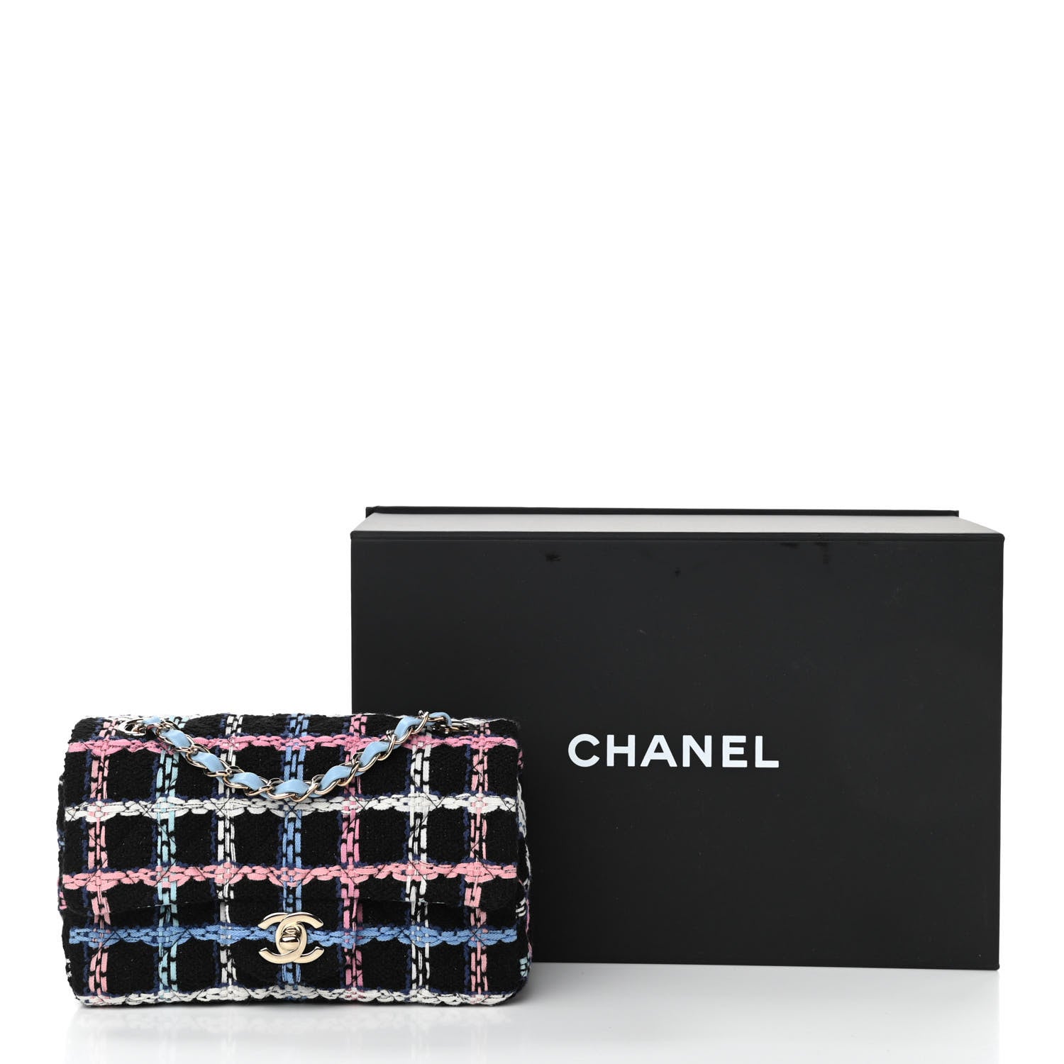 Chanel Tweed Quilted Mini Rectangular Flap Black Pink Blue Ecru 11 of 11