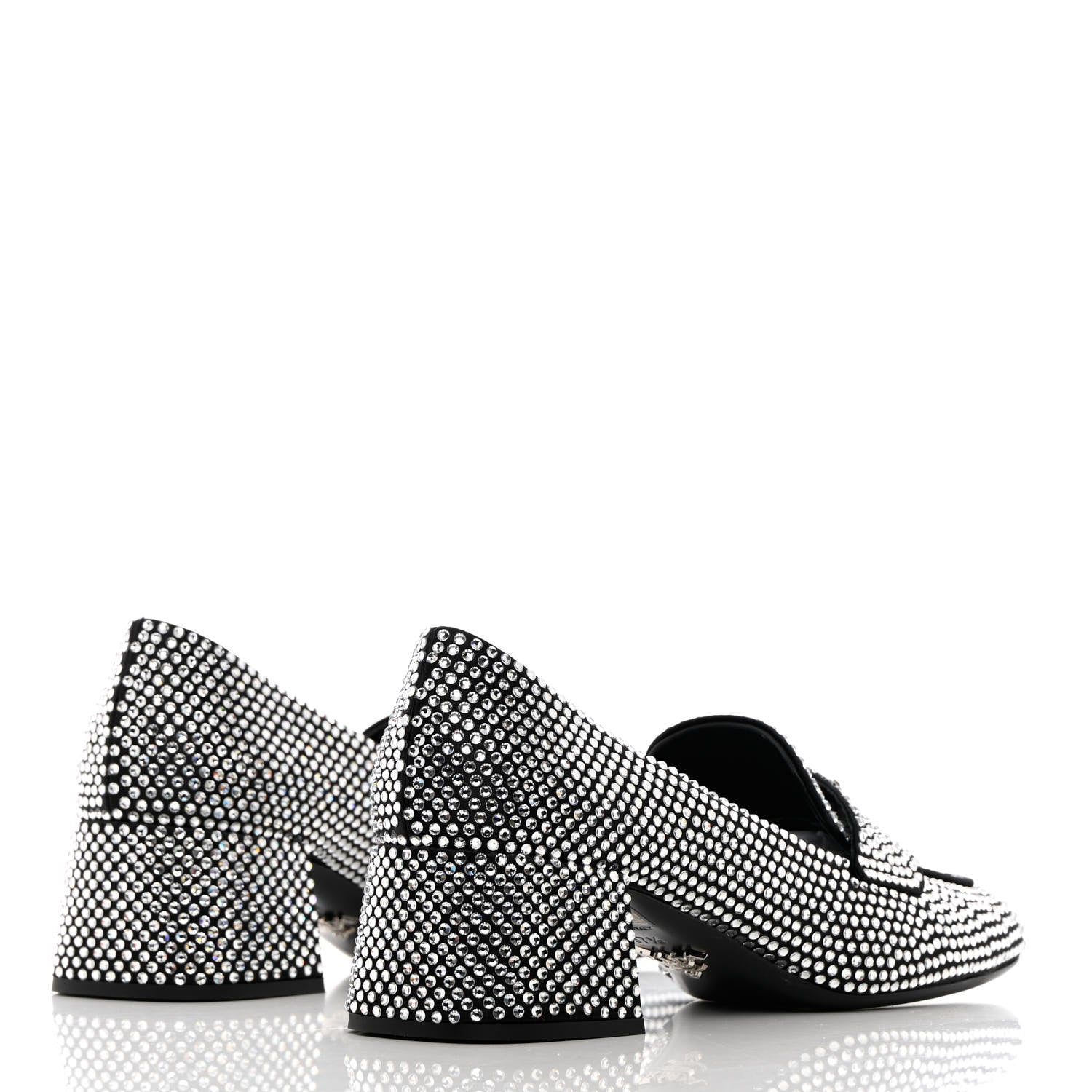 Prada Satin Crystal Metal Triangle Logo 45mm Block Heel Loafers 37.5 Cristal 4 of 10