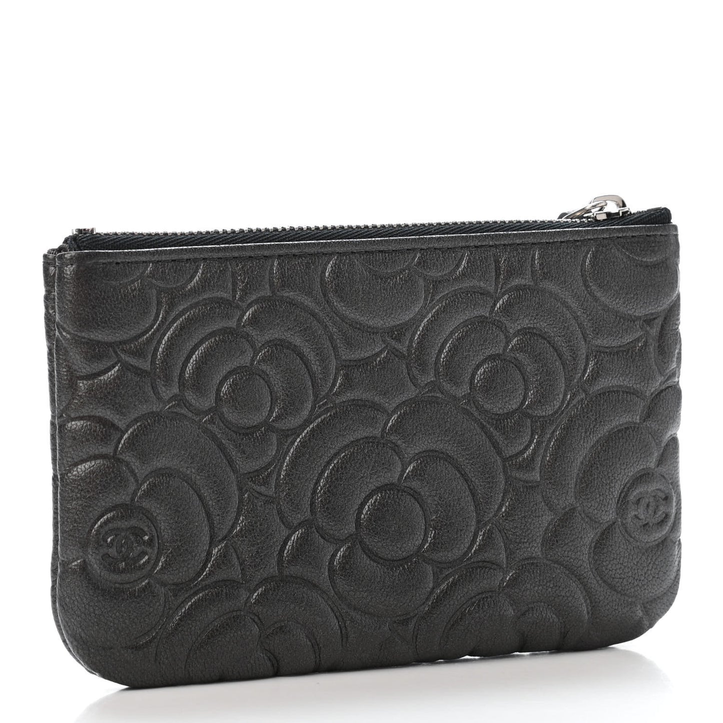 Goatskin Camellia Embossed Cosmetic Pouch Anthracite