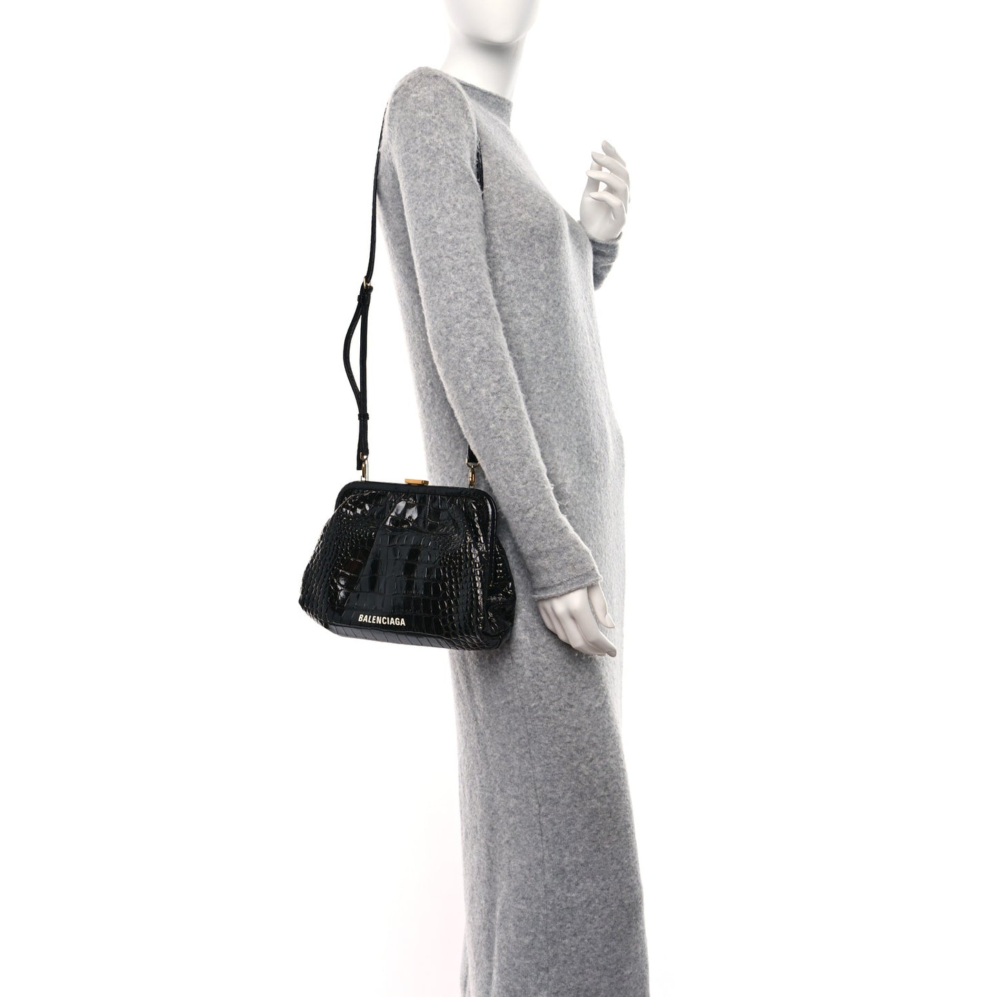 Shiny Supple Calfskin Logo Crocodile Embossed Cloud Crossbody Bag Black White
