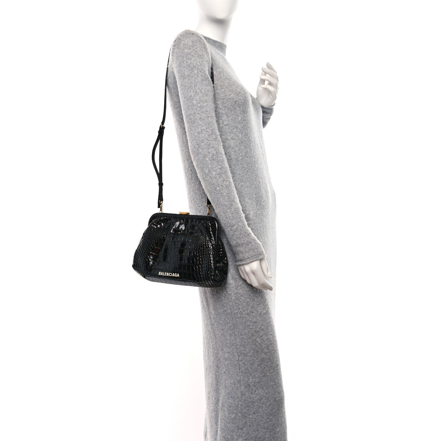 Balenciaga Shiny Supple Calfskin Logo Crocodile Embossed Cloud Crossbody Bag Black White 2 of 11