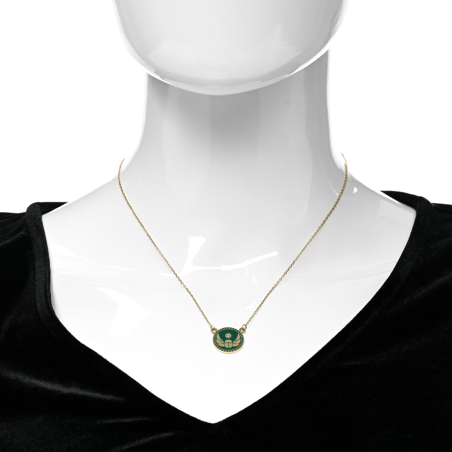 18K Yellow Gold Diamond Enamel Petite Champleve Protection Stationary Necklace Green