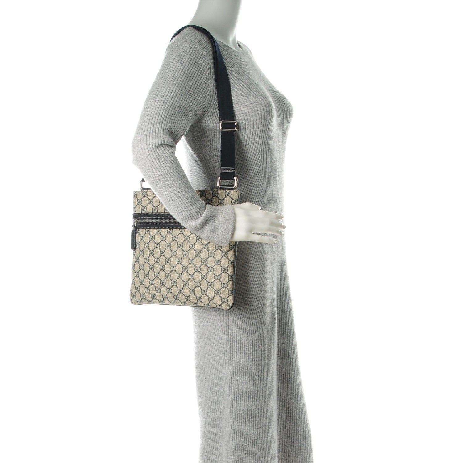 Gucci GG Supreme Monogram Small Flat Side Zip Messenger Bag Beige Blue 2 of 7