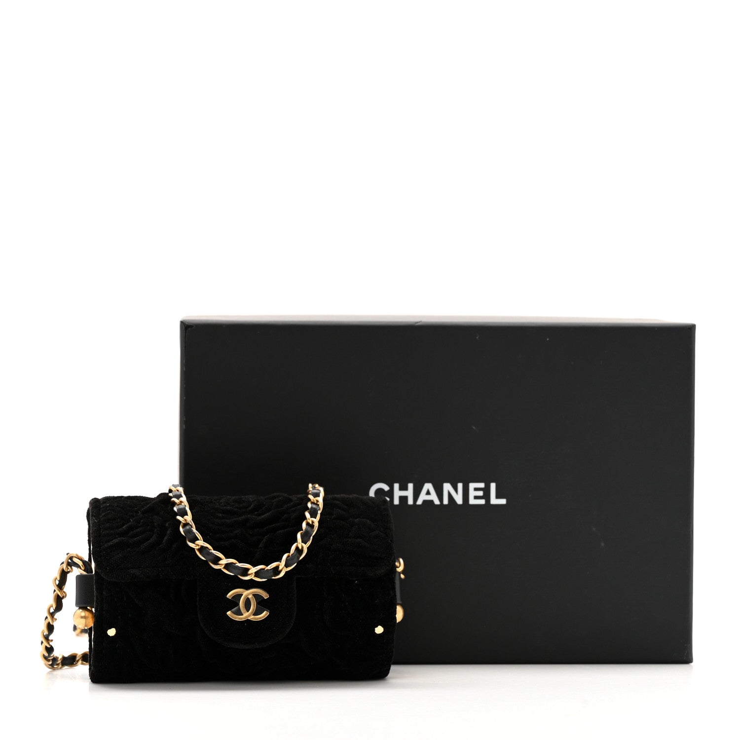 Chanel Velvet Camellia Embossed Jewel Belt Card Holder With Chain