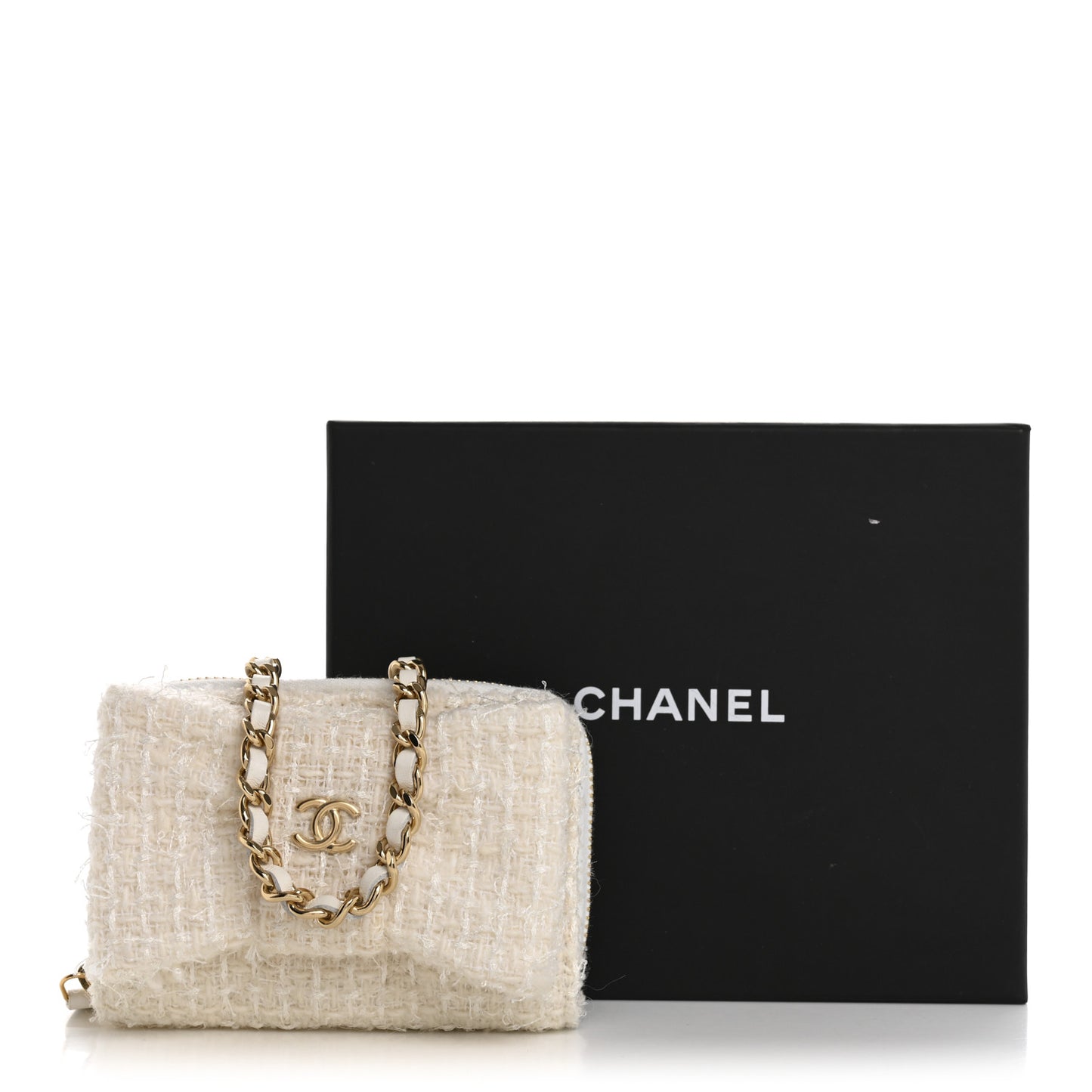 Tweed Quilted Bow Flap Card Holder On Chain White