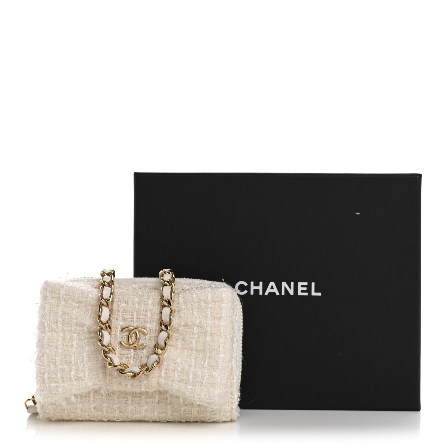 Chanel Tweed Quilted Bow Flap Card Holder On Chain White 12 of 12