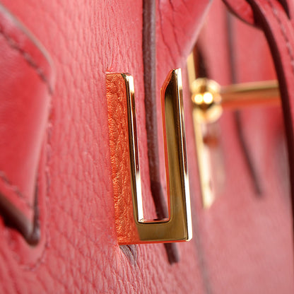 Hermes Taurillon Clemence Horseshoe Bi-Color Birkin 30 Rouge Garance and Orange 18 of 23