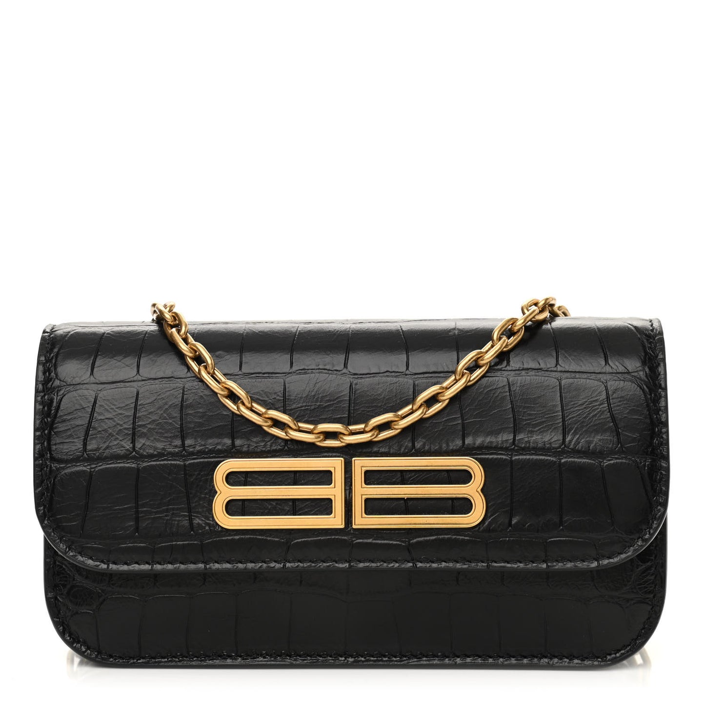 Extra Supple Calfskin Crocodile Embossed Gossip Wallet On Chain Black