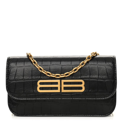 Balenciaga Extra Supple Calfskin Crocodile Embossed Gossip Wallet On Chain Black 1 of 13
