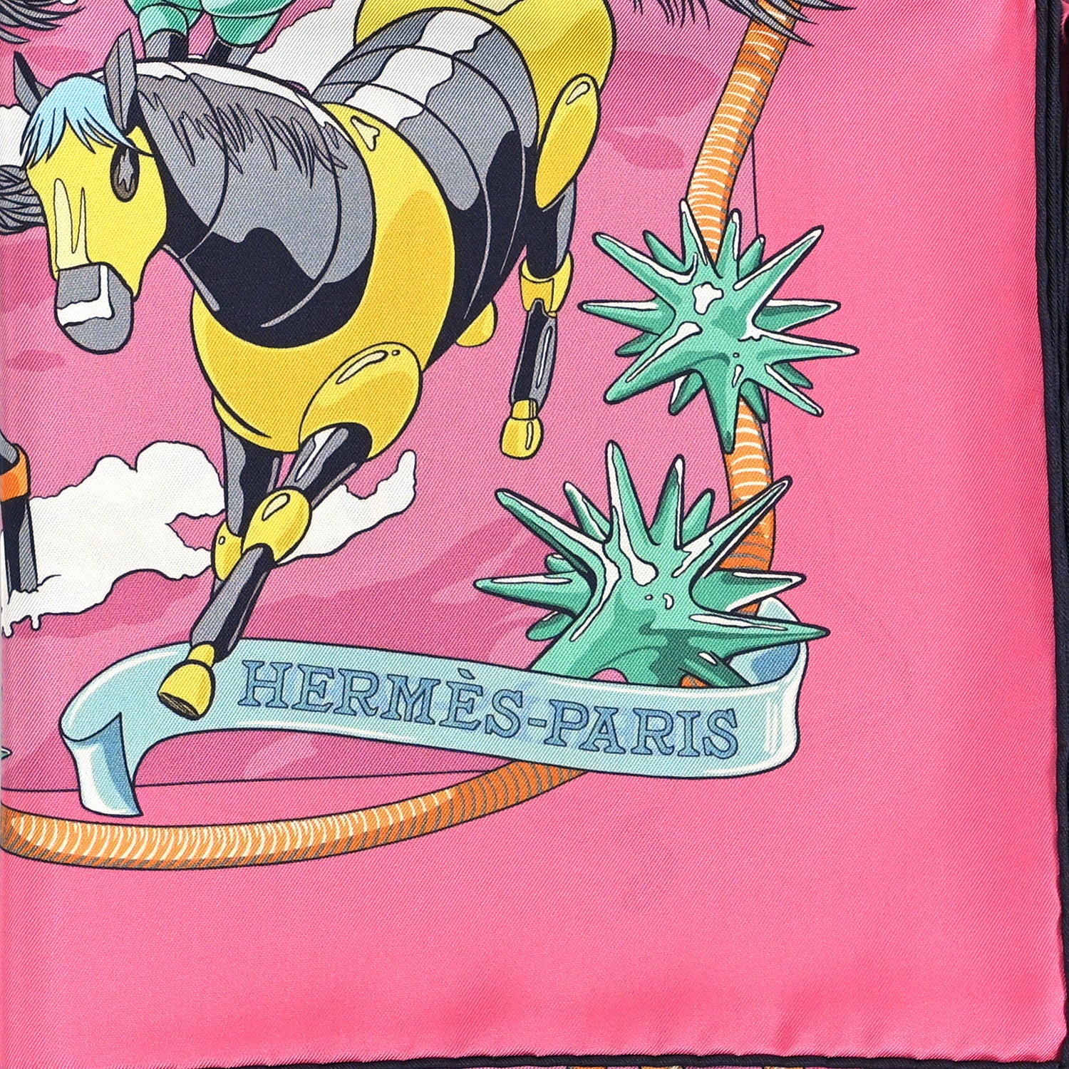 Hermes Silk Les Mustangs Double Face Scarf 90 Rose Vif Bleu