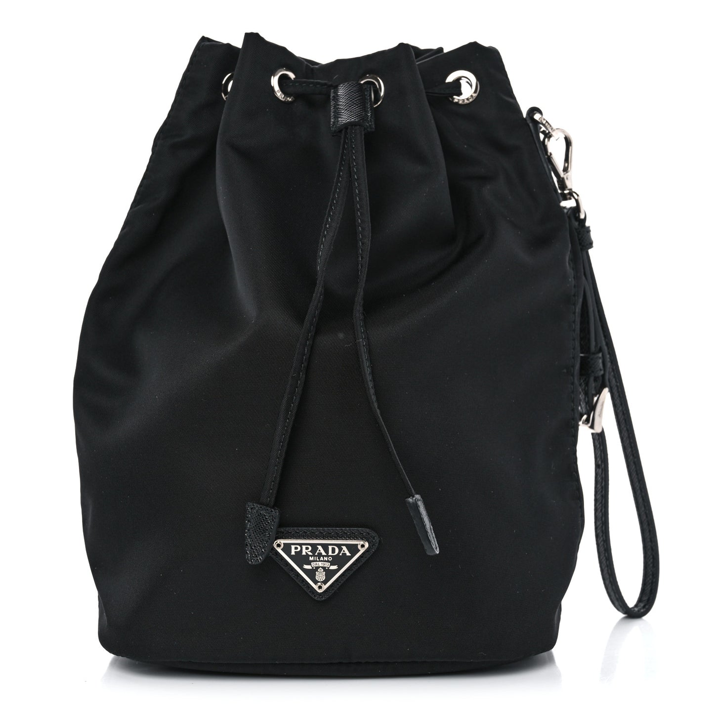 Saffiano Tessuto Nylon Vela Bucket Wristlet Black