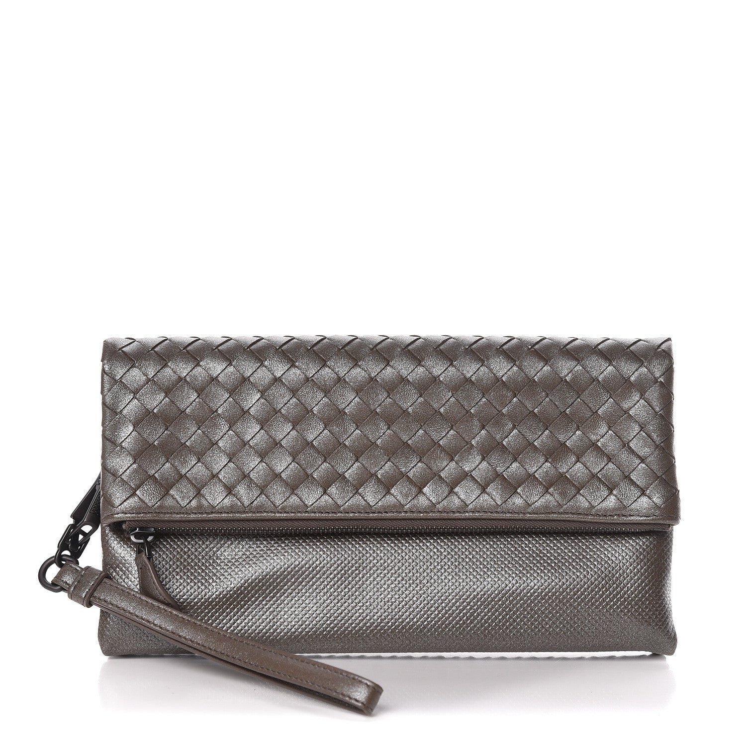 Bottega Veneta Metallic Nappa Intrecciato Flap Wristlet Light Grey 1 of 9