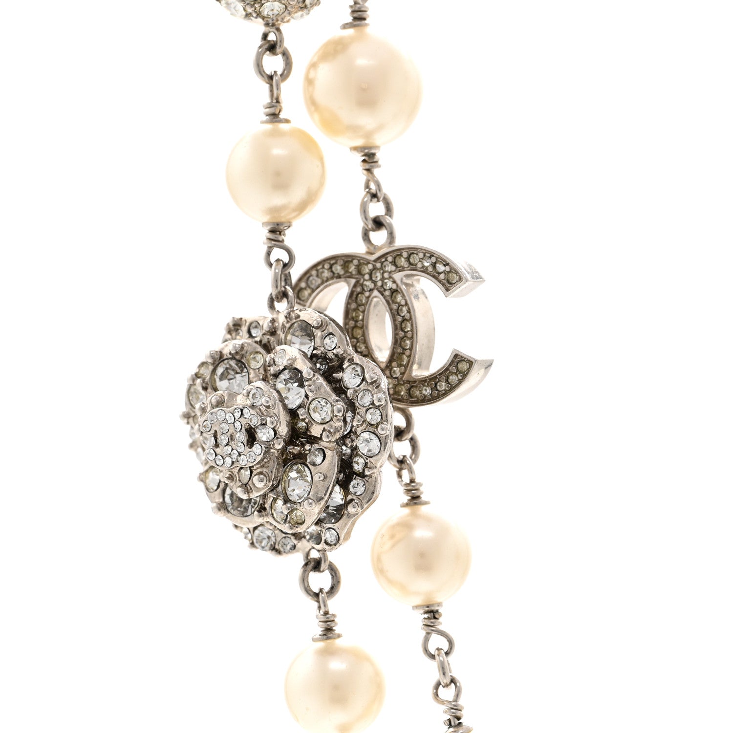 Chanel Pearl Crystal CC Camellia Long Necklace Silver 4 of 6