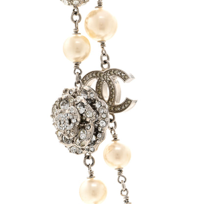 Chanel Pearl Crystal CC Camellia Long Necklace Silver 4 of 6